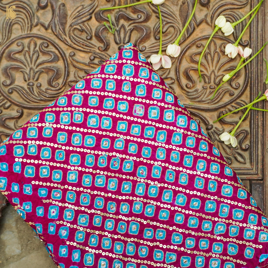 Violet Red Pure Gajji Handloom Bandhani Fabric with Sequence Work - Khinkhwab