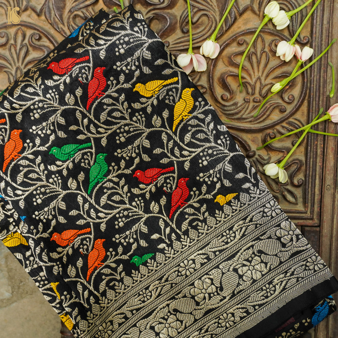 Handwoven Black Pure Katan Silk Banarasi Birds Fabric - Khinkhwab