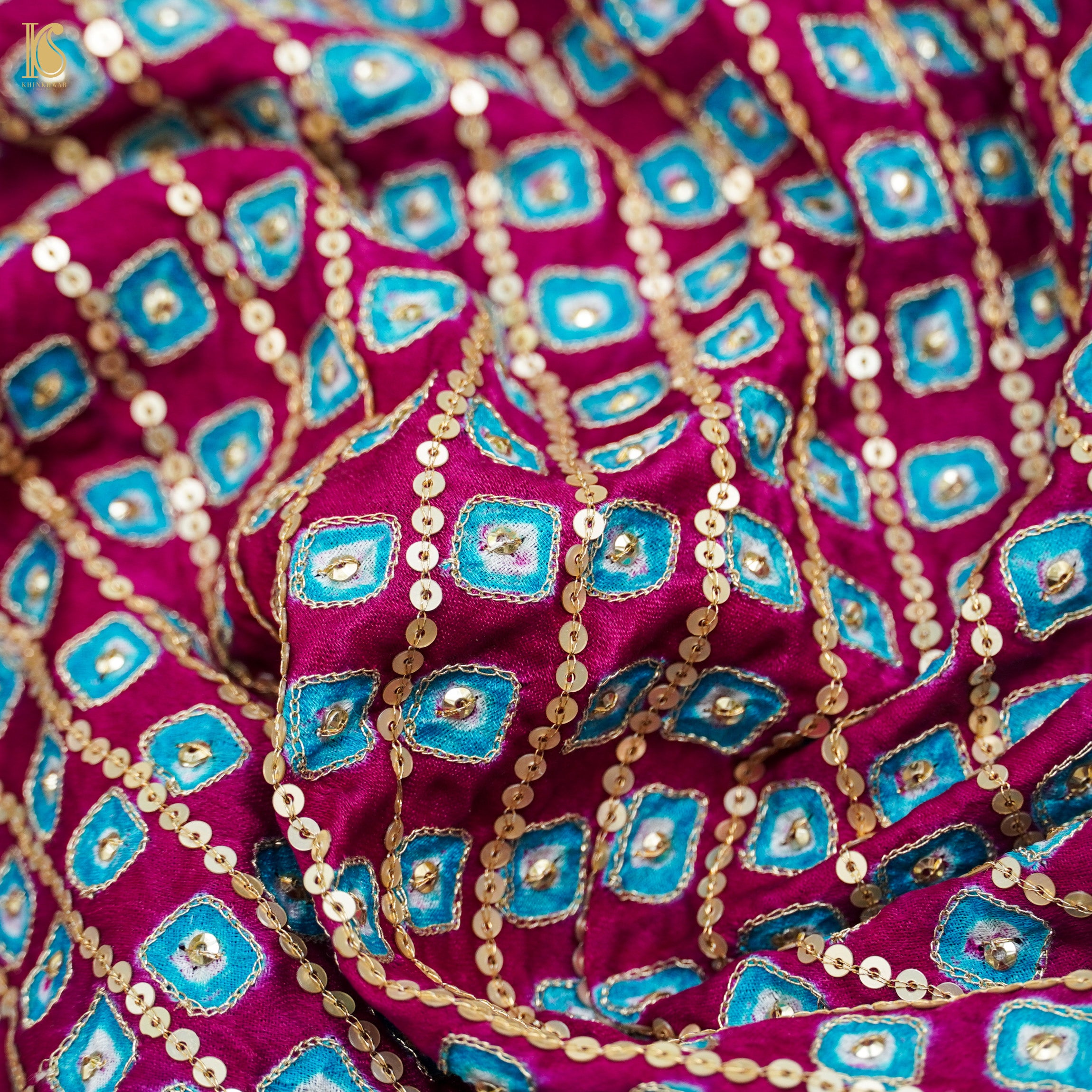 Violet Red Pure Gajji Handloom Bandhani Fabric with Sequence Work - Khinkhwab