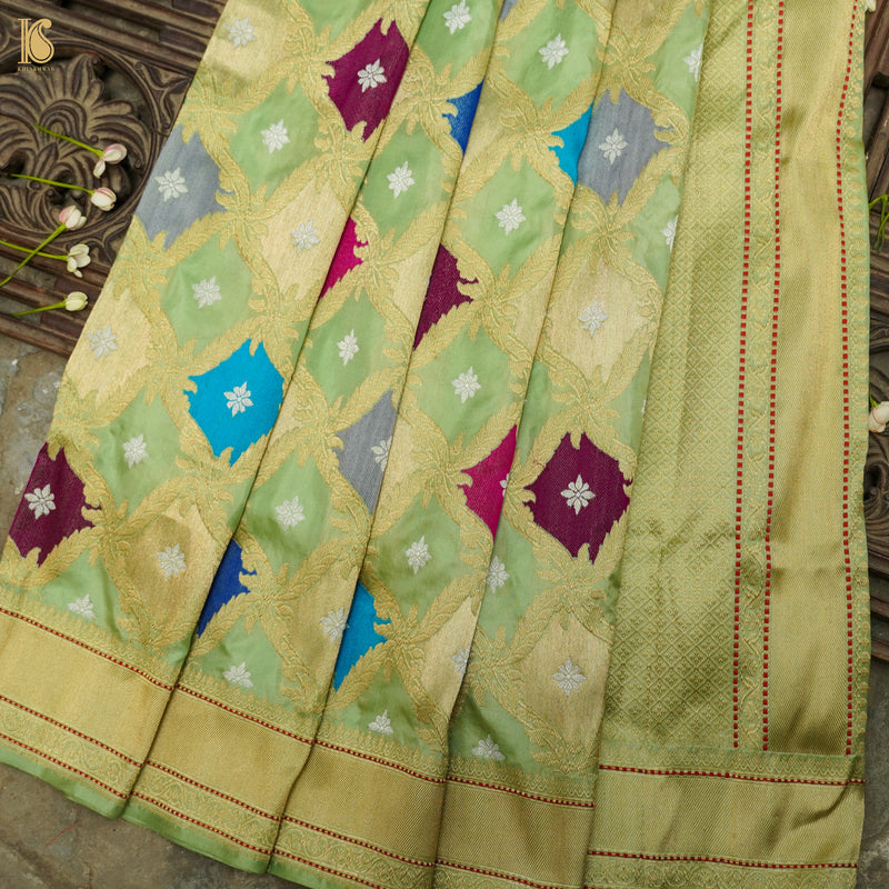 Sprout Green Handloom Banarasi Pure Katan Silk Rangkat Kadwa Saree - Khinkhwab