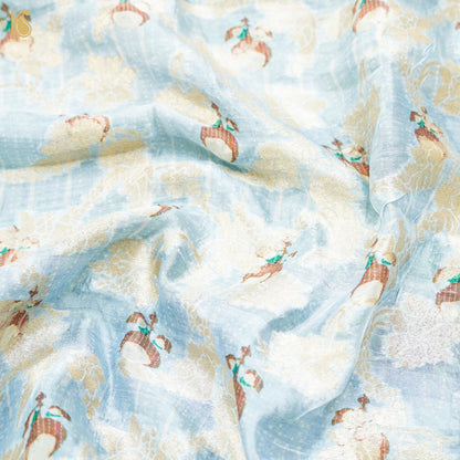 Light Blue Pure Katan Silk Print Banarasi Blouse Fabric - Khinkhwab