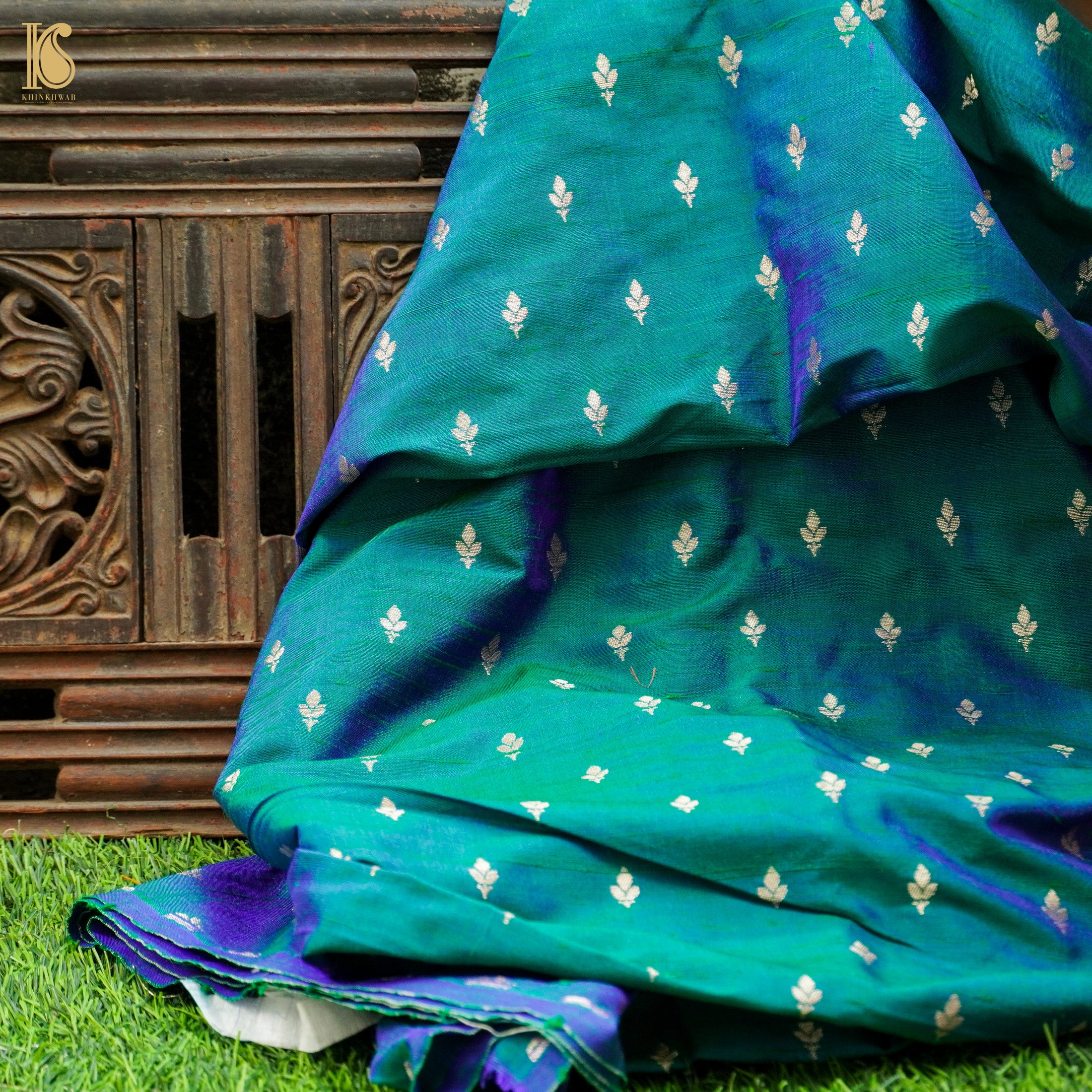 Teal green pure Raw silk saree with silver motifs contrast blouse –  Shruthi's sarees