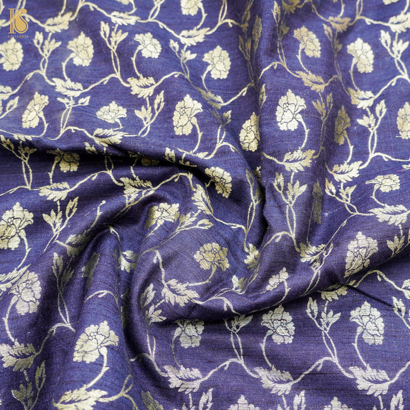 Midnight Blue Pure Raw Silk Banarasi Fabric - Khinkhwab