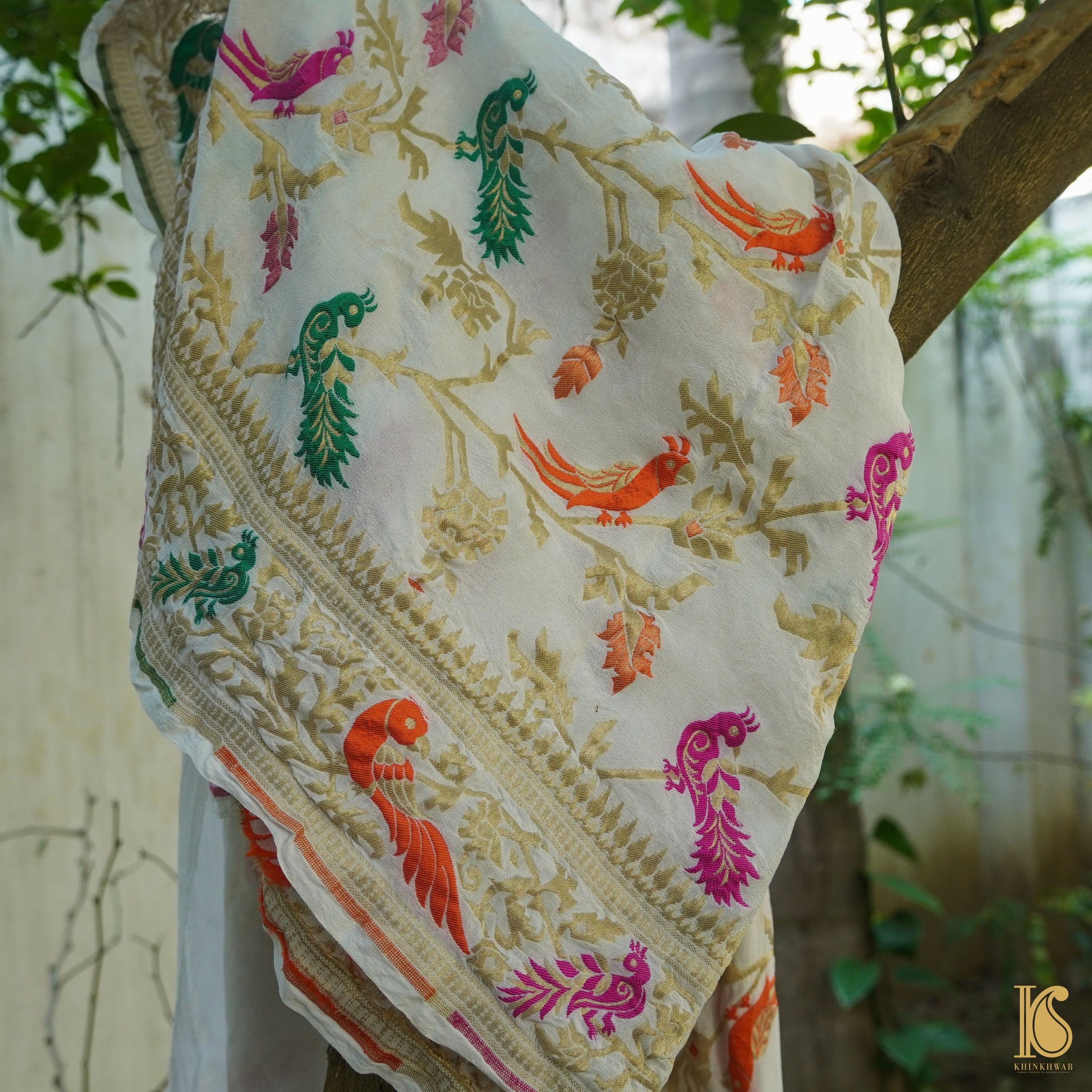 Pure Georgette Handloom Banarasi Birds of Paradise Saree - Colors - Khinkhwab