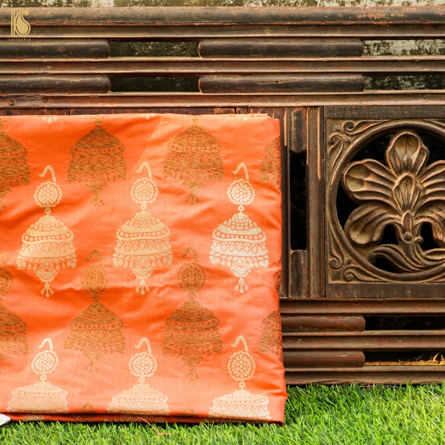 Persimmon Orange Pure Katan Silk Banarasi Fabric - Khinkhwab