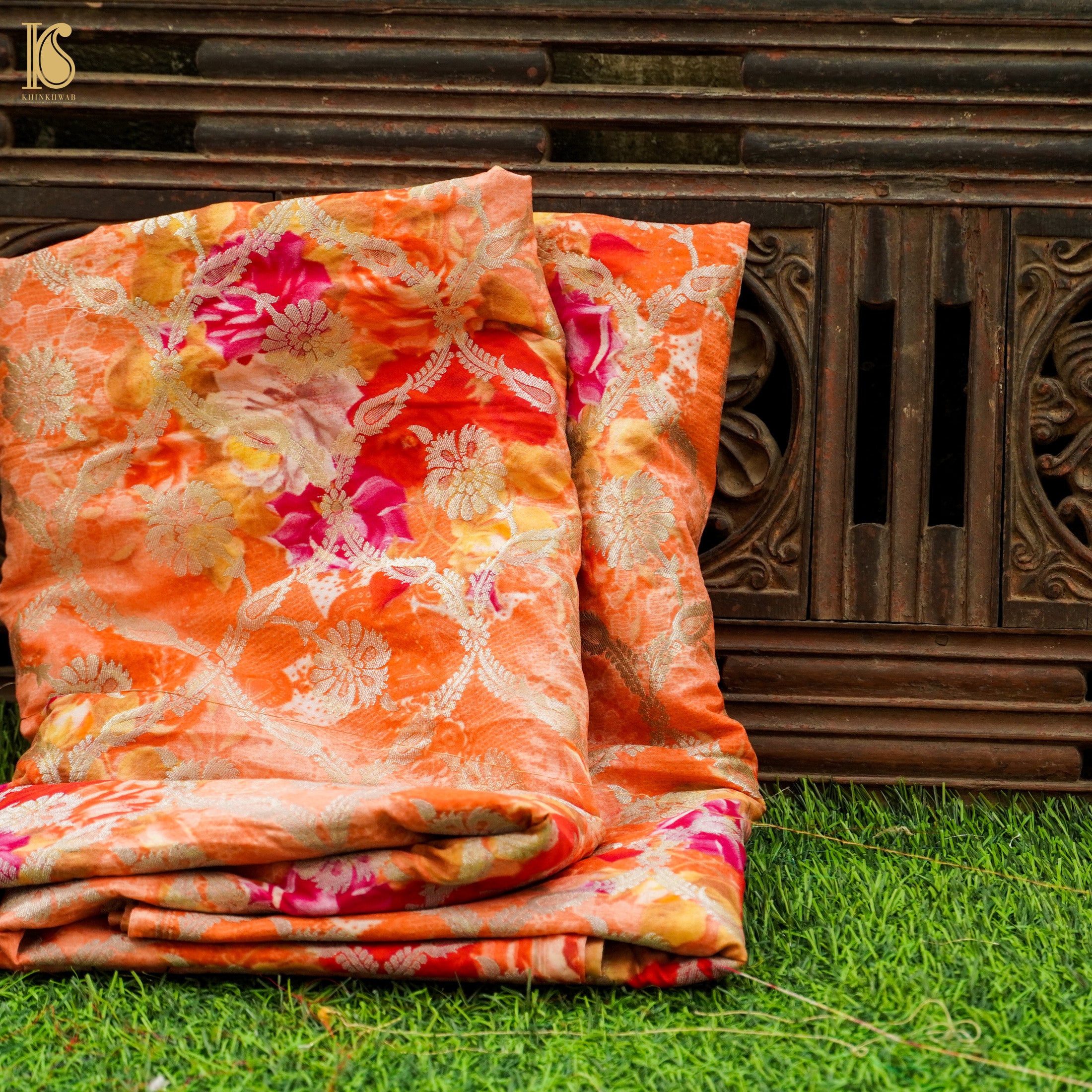 Peach Pure Cotton Silk Banarasi Print Fabric - Khinkhwab