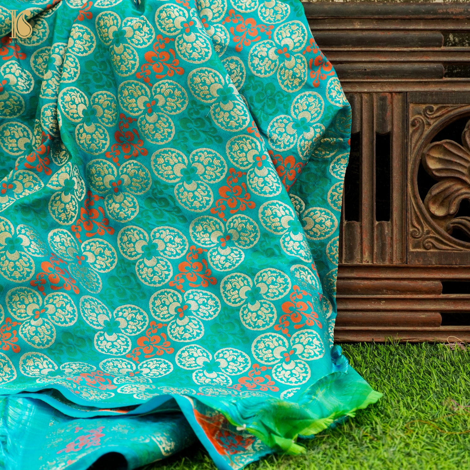 Turquoise Blue Pure Katan Silk Banarasi Blouse Fabric - Khinkhwab