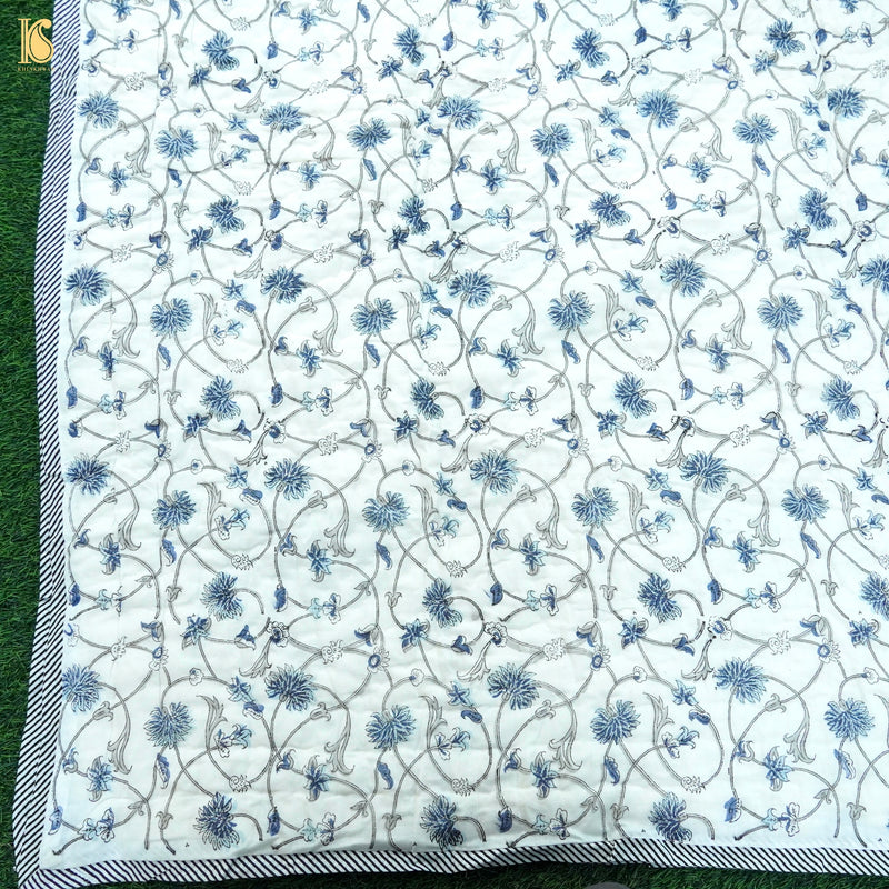 White Pure Muslin Double Bed Hand BLock Jaipur Razai - Khinkhwab