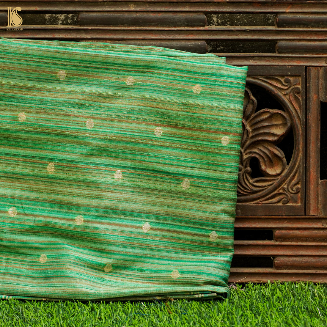 Green Pure Raw Silk Banarasi Fabric - Khinkhwab