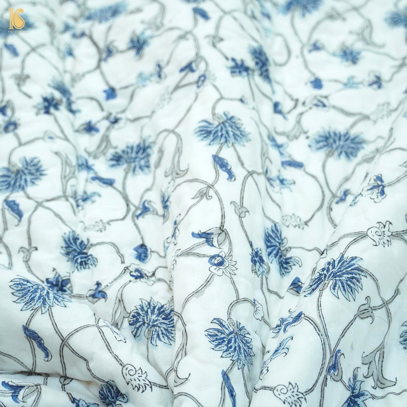 White Pure Muslin Double Bed Hand BLock Jaipur Razai - Khinkhwab