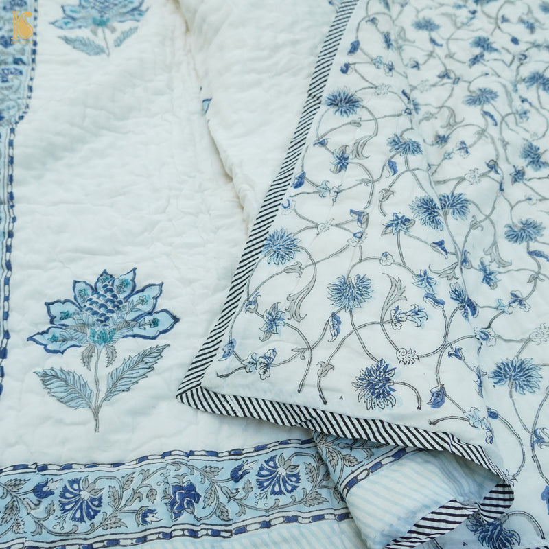 White Pure Muslin Double Bed Hand BLock Jaipur Razai - Khinkhwab