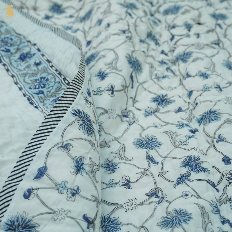 White Pure Muslin Double Bed Hand BLock Jaipur Razai - Khinkhwab