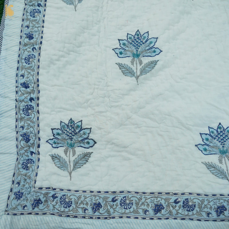 White Pure Muslin Double Bed Hand BLock Jaipur Razai - Khinkhwab