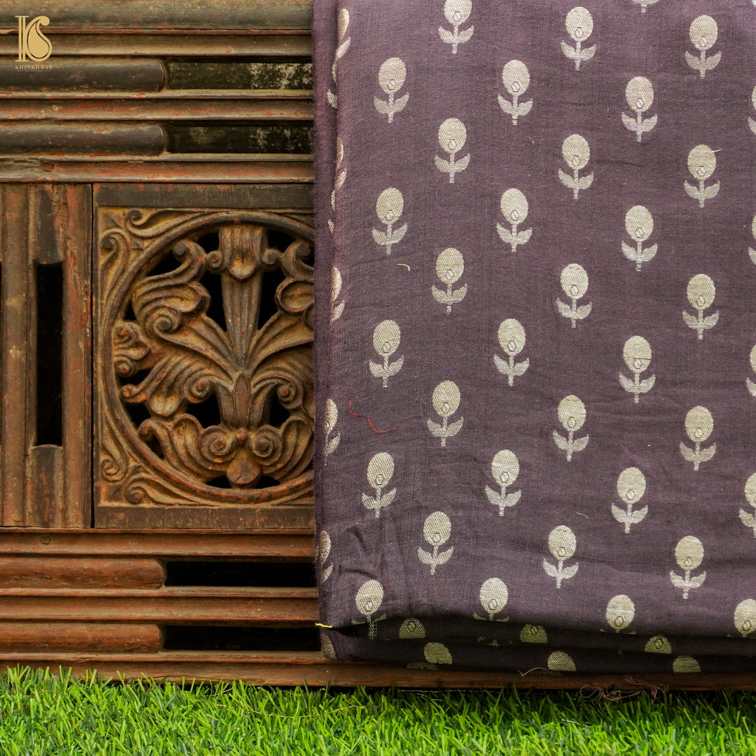 Taupe Grey Pure Cotton Silk Banarasi Fabric - Khinkhwab