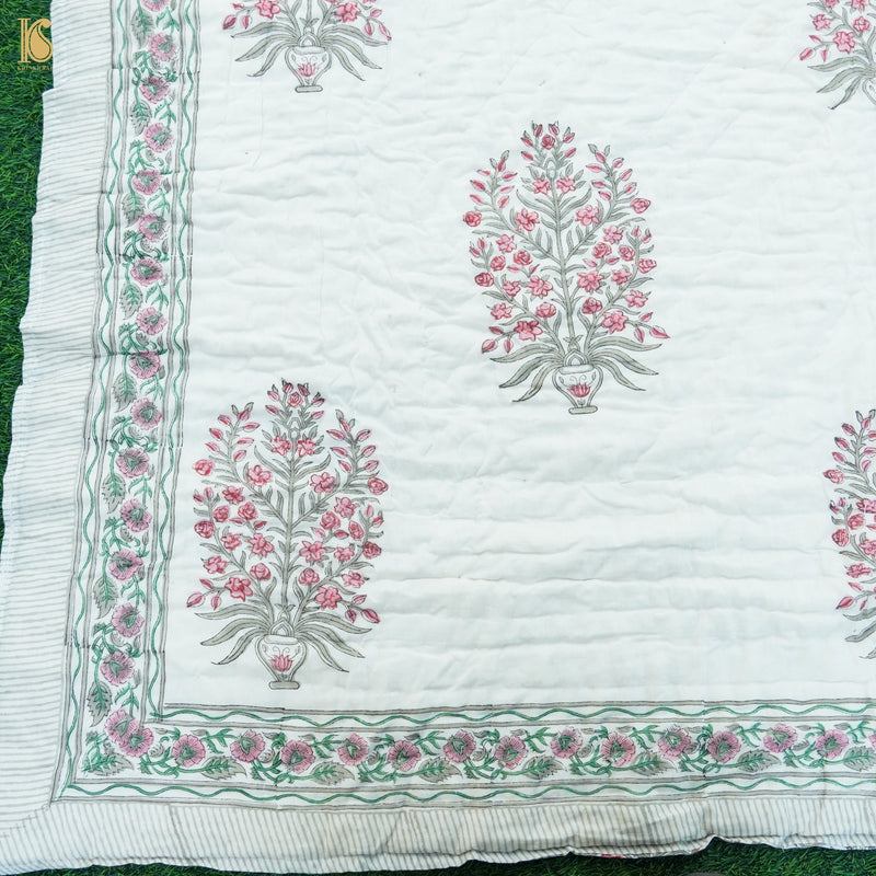 White Pure Muslin Double Bed Hand BLock Jaipur Razai - Khinkhwab