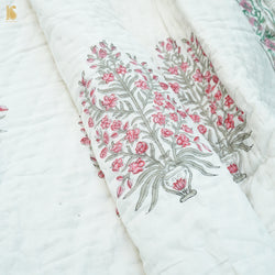 White Pure Muslin Double Bed Hand BLock Jaipur Razai - Khinkhwab
