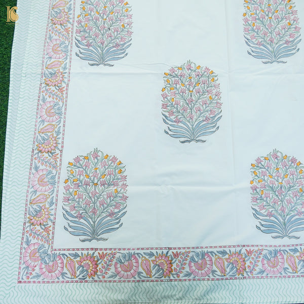 White Pure Muslin Double Bed Hand BLock Jaipur Bed Sheet - Khinkhwab