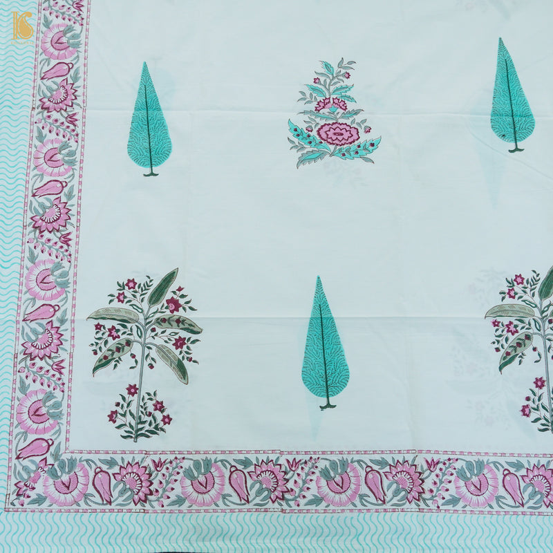 White Pure Muslin Double Bed Hand BLock Jaipur Razai & Bed Sheet - Khinkhwab