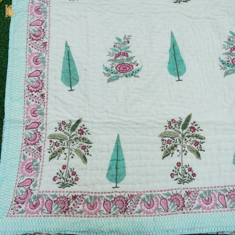 White Pure Muslin Double Bed Hand BLock Jaipur Razai & Bed Sheet - Khinkhwab