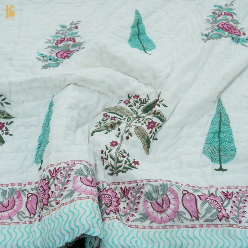 White Pure Muslin Double Bed Hand BLock Jaipur Razai & Bed Sheet - Khinkhwab