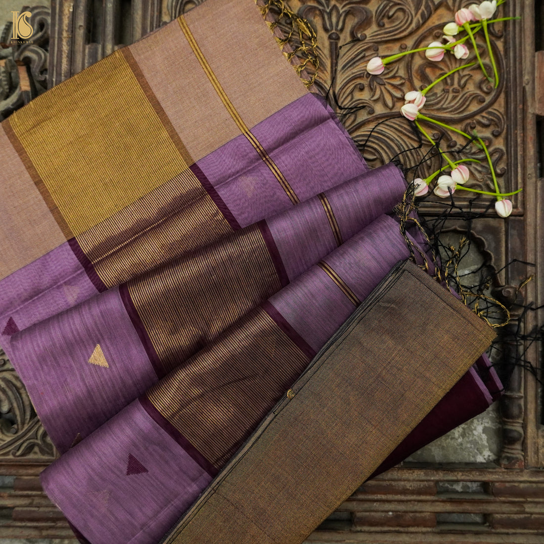 Purplish Pink Handwoven Pure Cotton Silk Maheshwari Saree - Khinkhwab