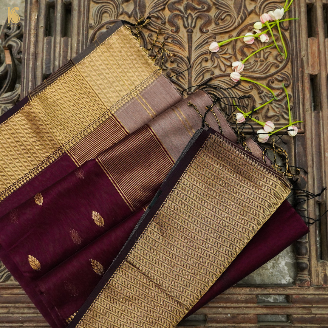 Sandrift Brown Handwoven Pure Cotton Silk Maheshwari Saree - Khinkhwab