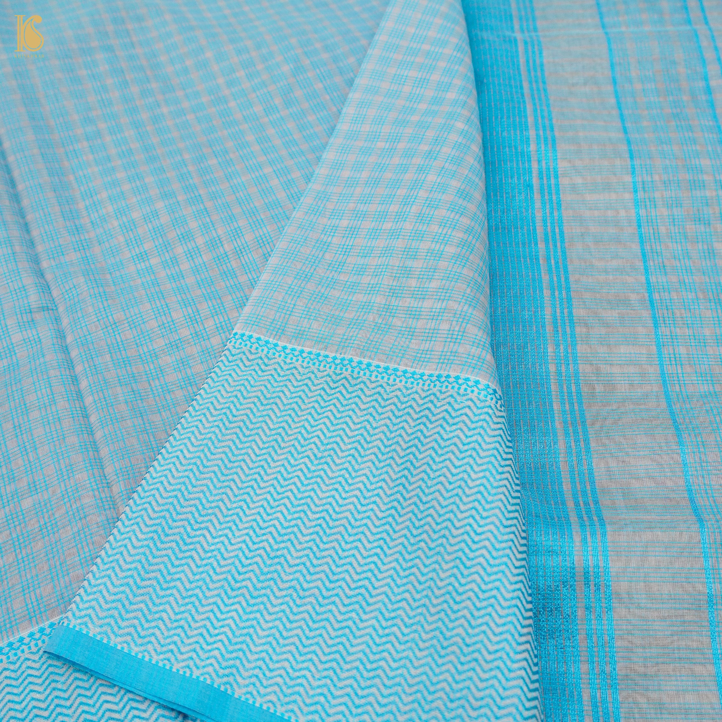 Echo Blue Handwoven Pure Cotton Silk Maheshwari Saree - Khinkhwab
