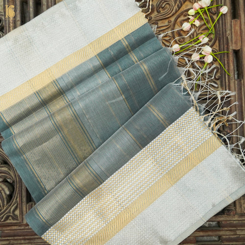 Breaker Bay Grey Handwoven Pure Cotton Silk Maheshwari Saree - Khinkhwab