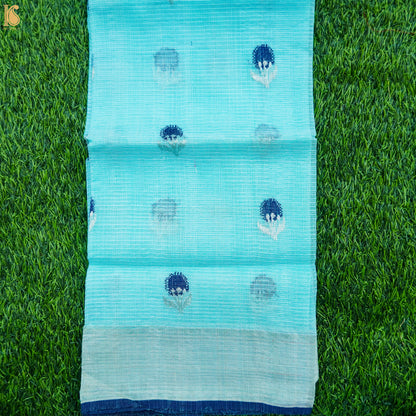 Handwoven Blue Real Zari Kota Blouse FLower Fabric - Khinkhwab