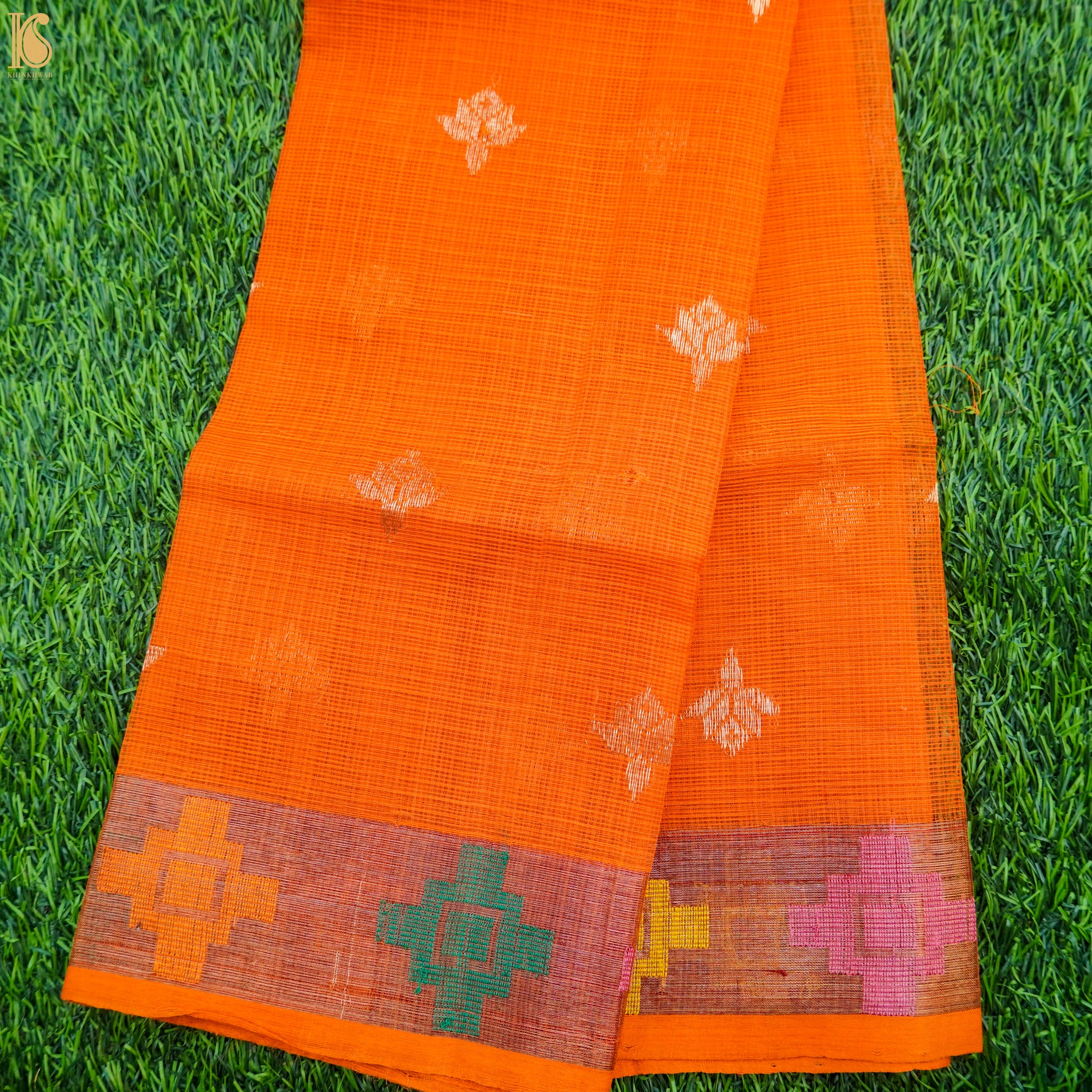 Handwoven Pumpkin Orange Real Zari Kota Blouse Fabric - Khinkhwab