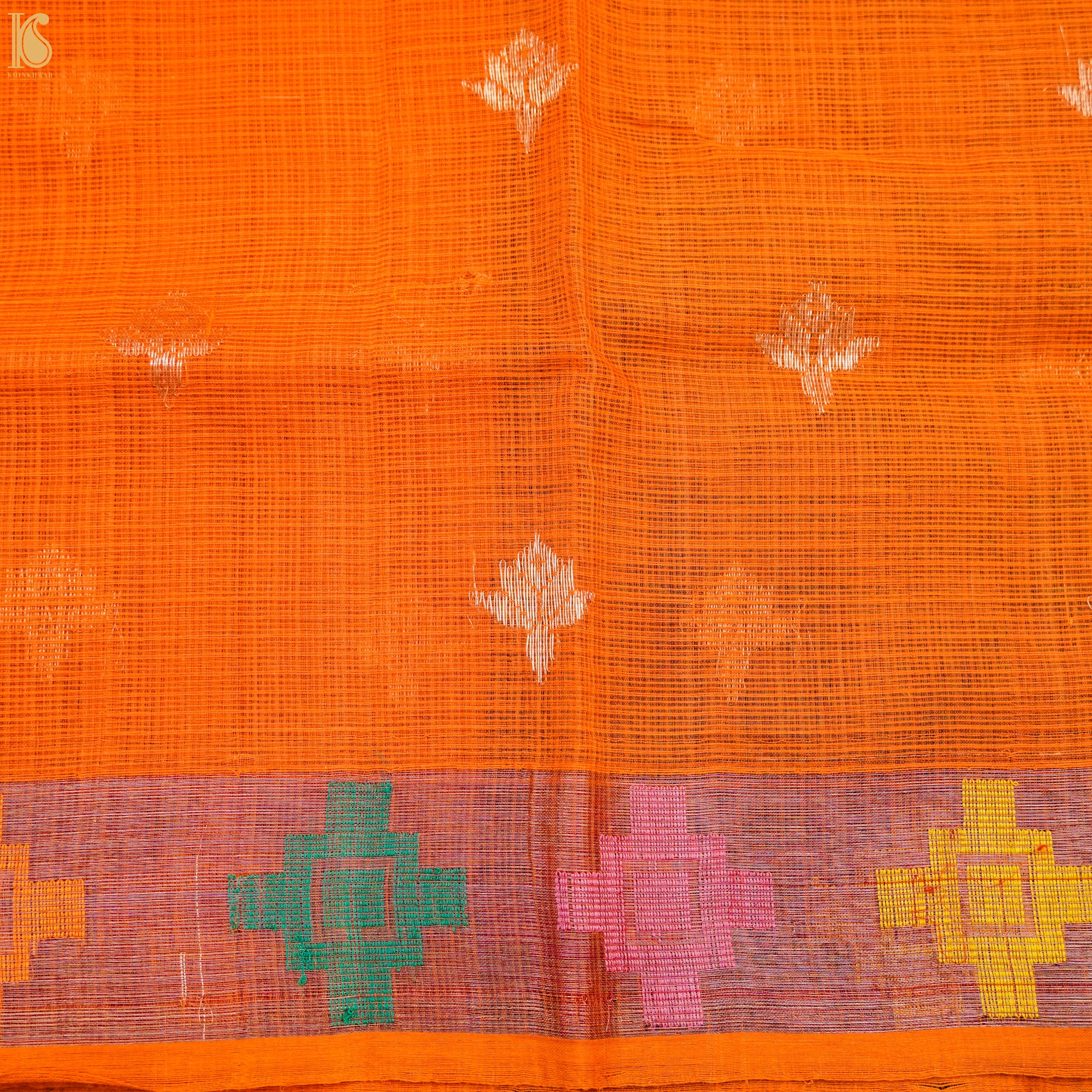 Handwoven Pumpkin Orange Real Zari Kota Blouse Fabric - Khinkhwab