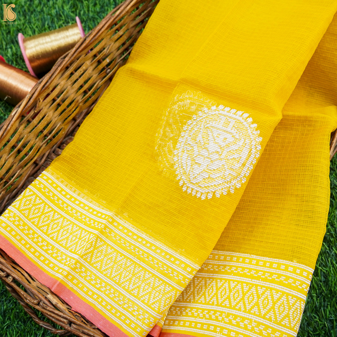 Handwoven Real Zari Kota Yellow Fabric - Khinkhwab