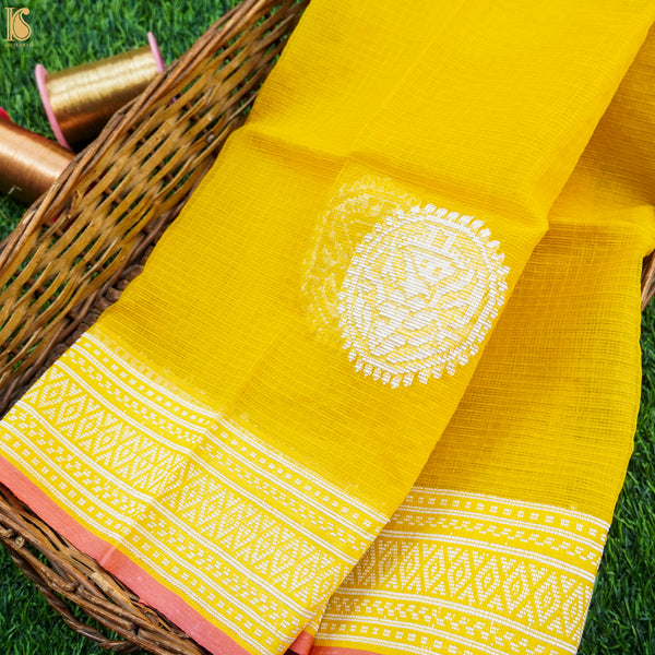 Handwoven Real Zari Kota Yellow Fabric - Khinkhwab