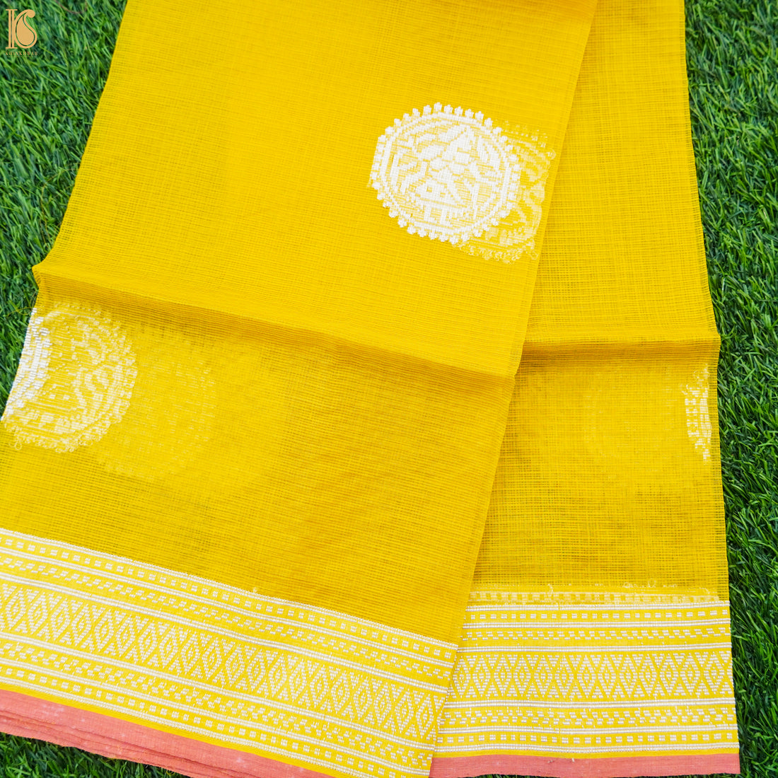 Handwoven Real Zari Kota Yellow Fabric - Khinkhwab