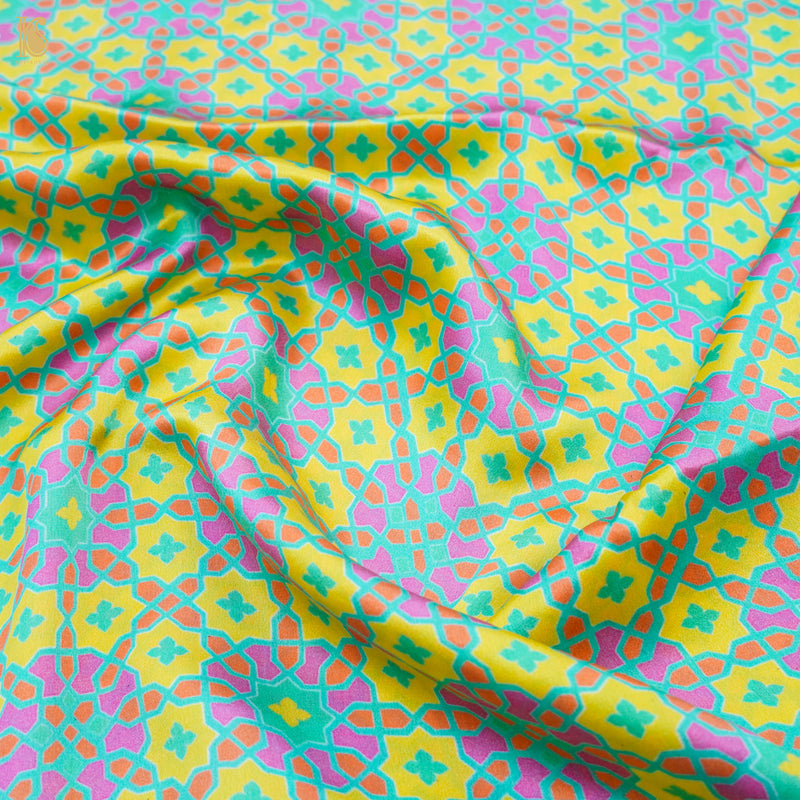 NİLÜFER - Blue & Yellow Pure Sateen Silk Print Fabric - Khinkhwab