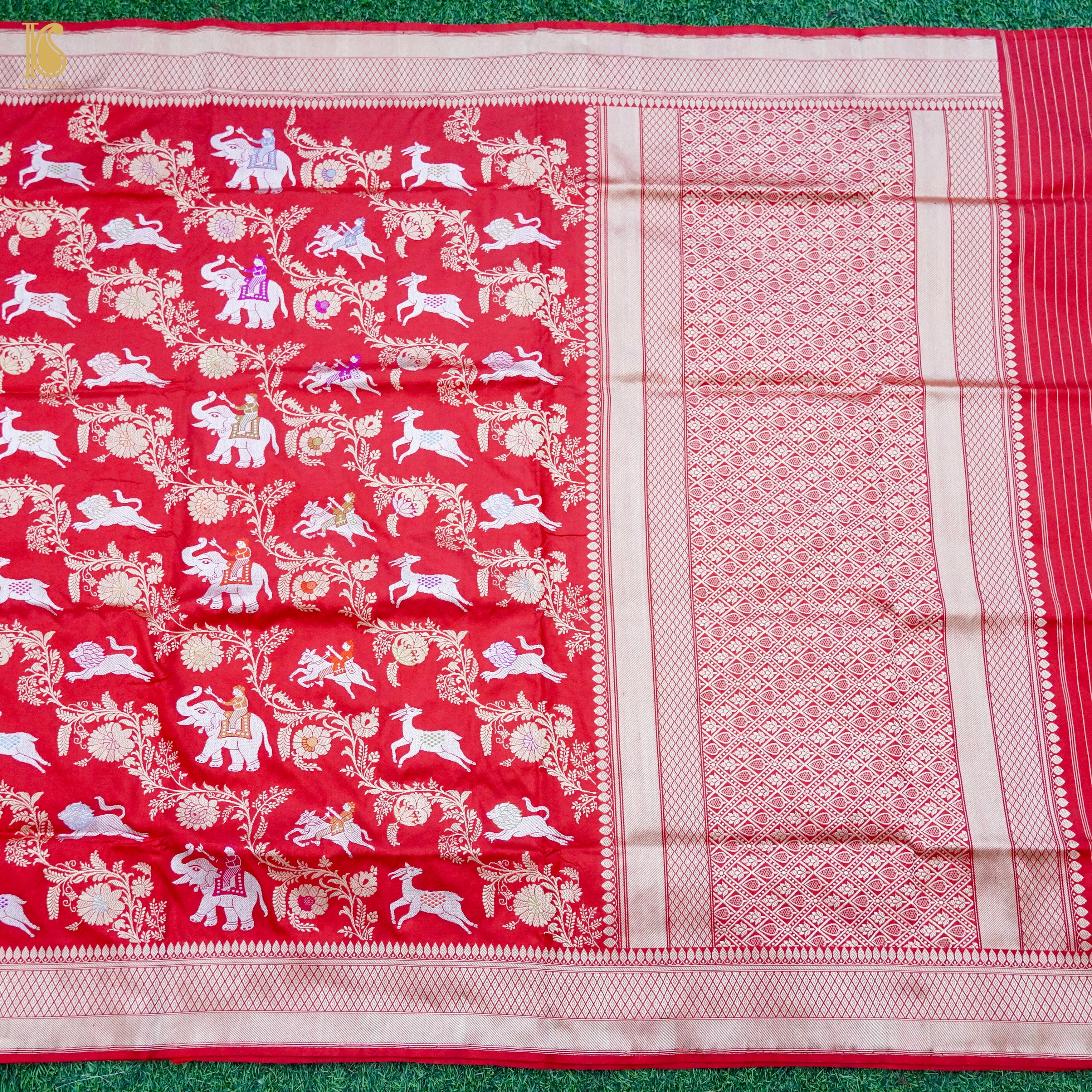 Alizarin Red Handloom Banarasi Pure Katan Silk Kadwa Shikargah Saree - Khinkhwab