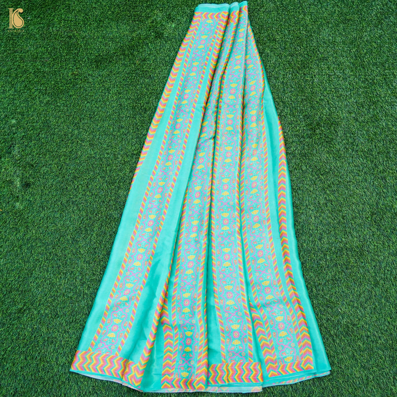 Blue Pure Sateen Silk Print Kalidar Lehenga Set - Khinkhwab