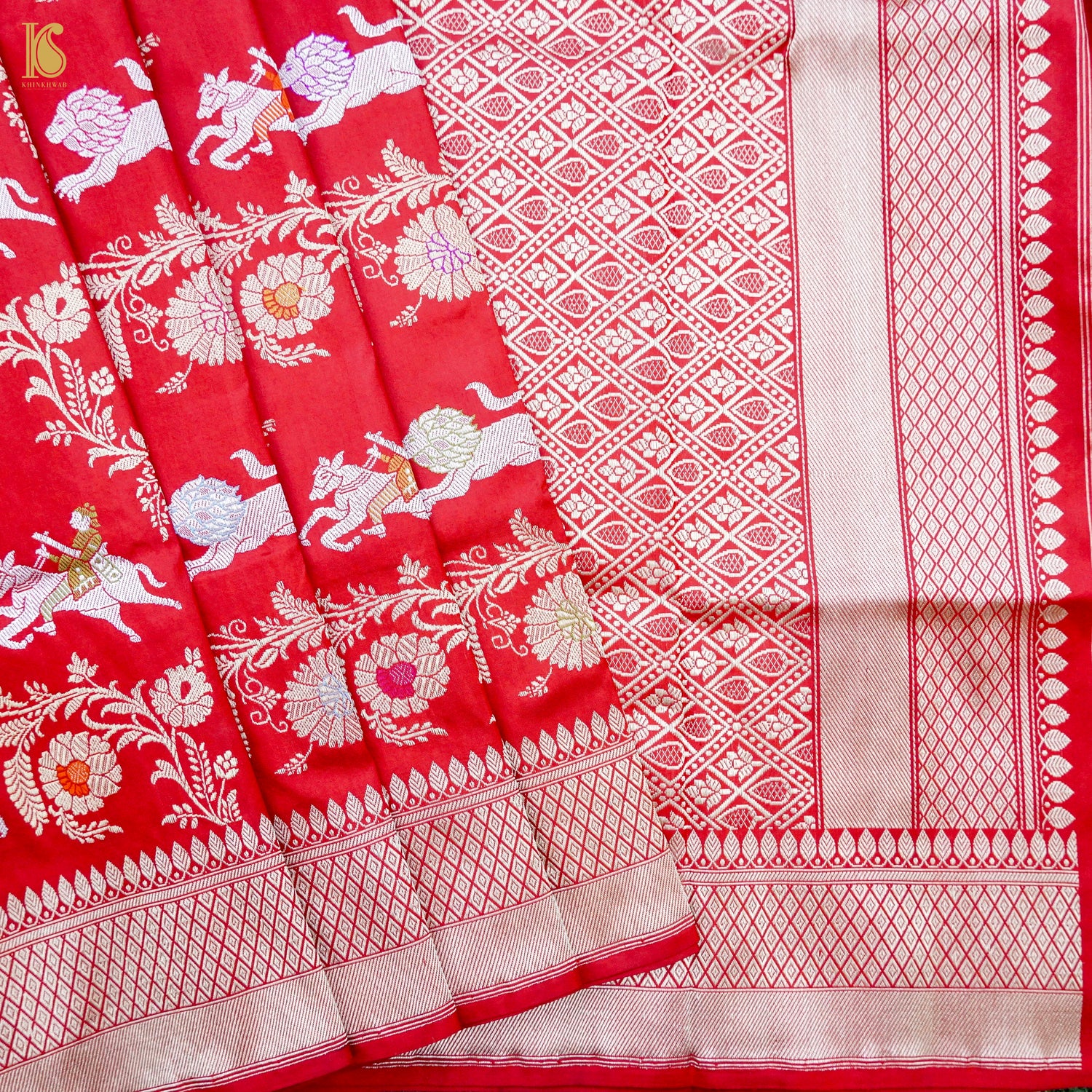 Alizarin Red Handloom Banarasi Pure Katan Silk Kadwa Shikargah Saree - Khinkhwab
