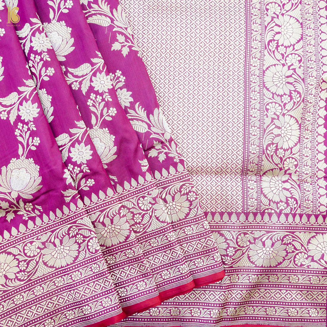 Red Violet Handloom Banarasi Pure Katan Silk Kadwa Jaal Saree - Khinkhwab