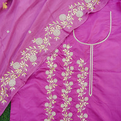 Fuchsia Pink Pure Silk Banarasi Embroidered Kurta Fabric with Dupatta - Khinkhwab