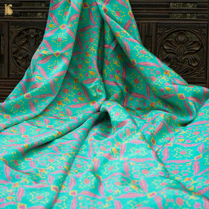 NERGİS - Blue Pure Sateen Silk Print Fabric - Khinkhwab