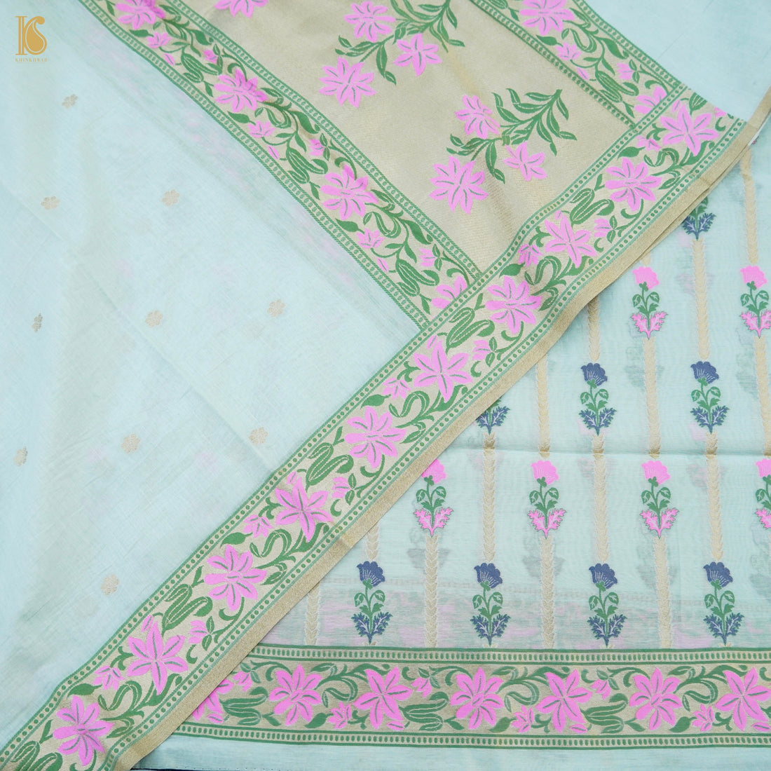 French Pass Blue Cotton Silk Meenakari Banarasi Suit Set - Khinkhwab