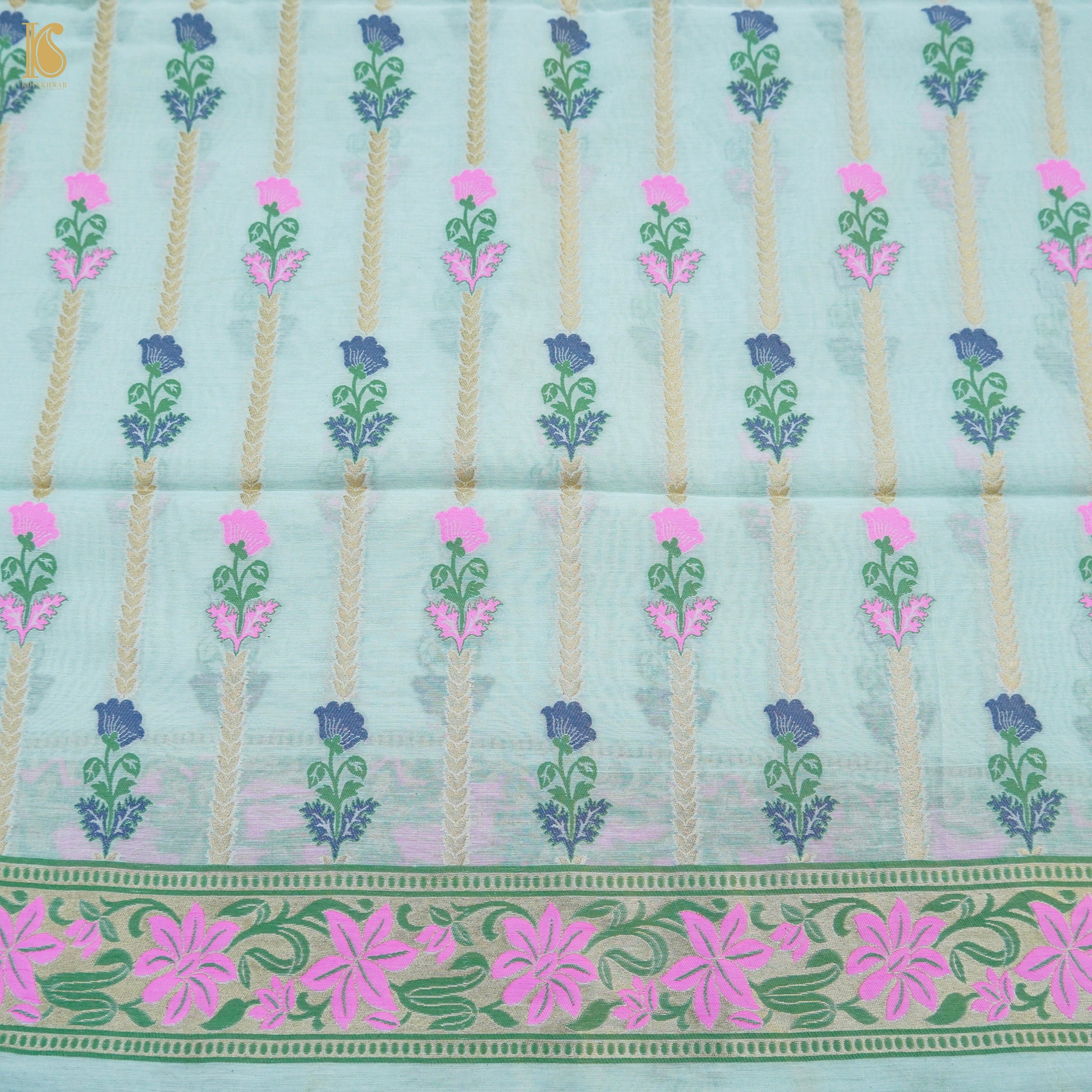 French Pass Blue Cotton Silk Meenakari Banarasi Suit Set - Khinkhwab