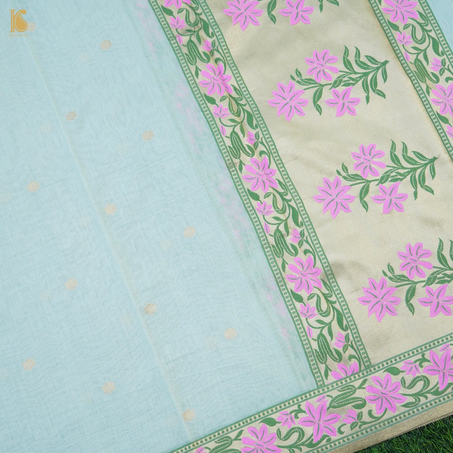 French Pass Blue Cotton Silk Meenakari Banarasi Suit Set - Khinkhwab