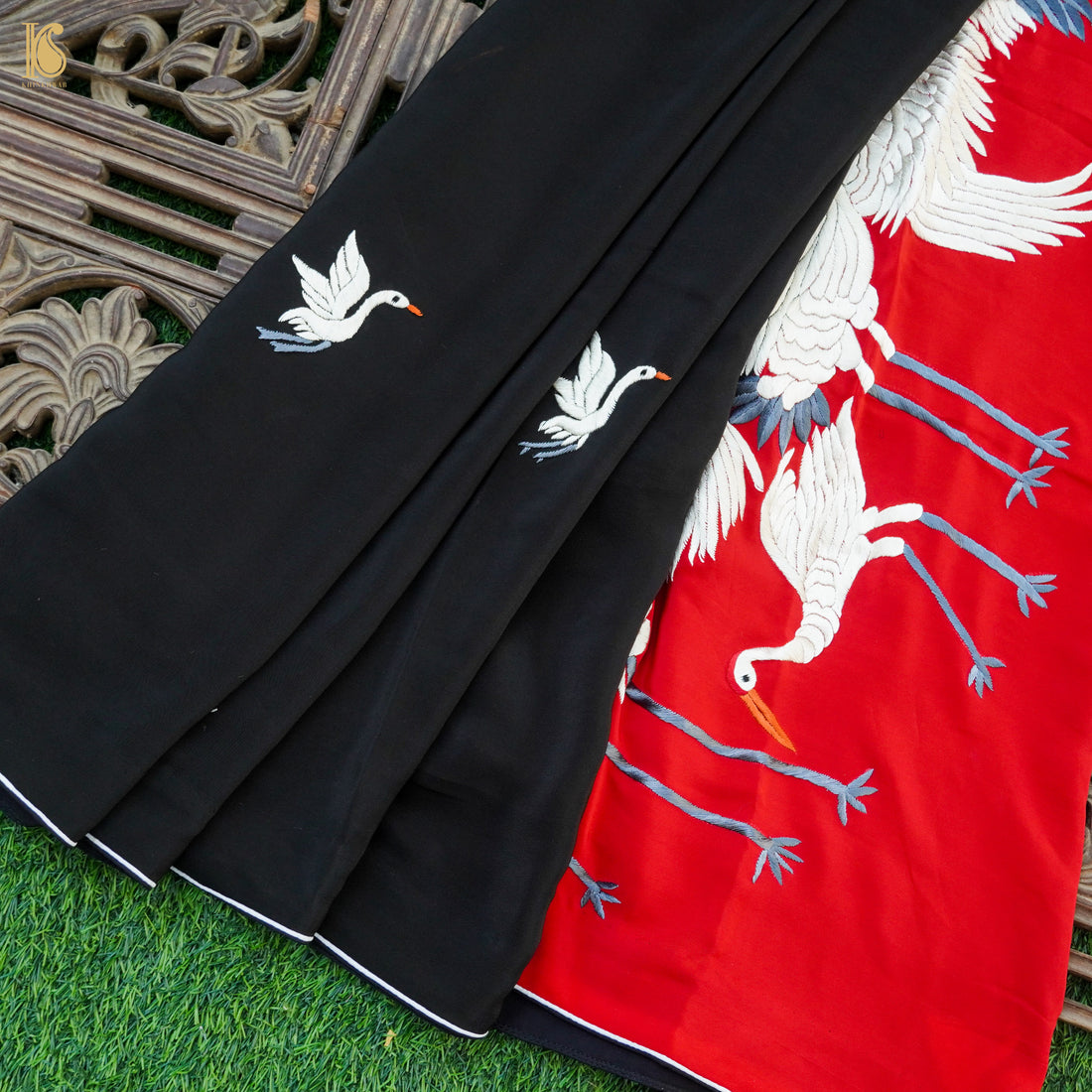 Red &amp; Black Handcrafted Parsi  Gara Pure Crepe Swan Saree - Khinkhwab