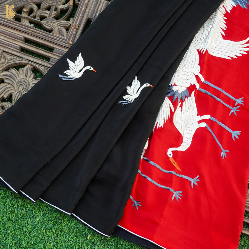 Red & Black Handcrafted Parsi  Gara Pure Crepe Swan Saree - Khinkhwab