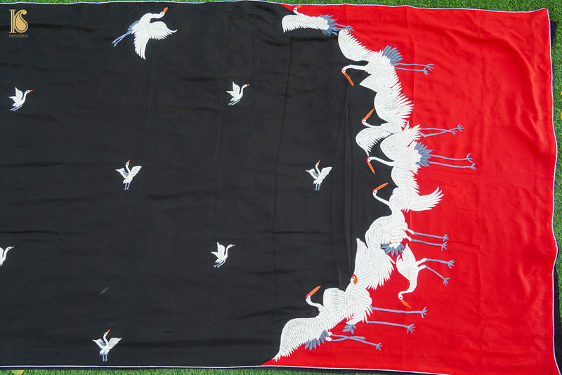 Red & Black Handcrafted Parsi  Gara Pure Crepe Swan Saree - Khinkhwab