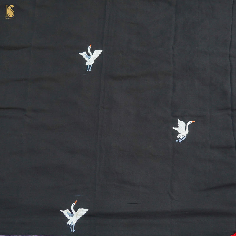 Red & Black Handcrafted Parsi  Gara Pure Crepe Swan Saree - Khinkhwab