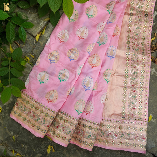 Twilight Pink Handwoven Banarasi Silk Mor Boota Embroidery Border Kadwa Saree - Khinkhwab
