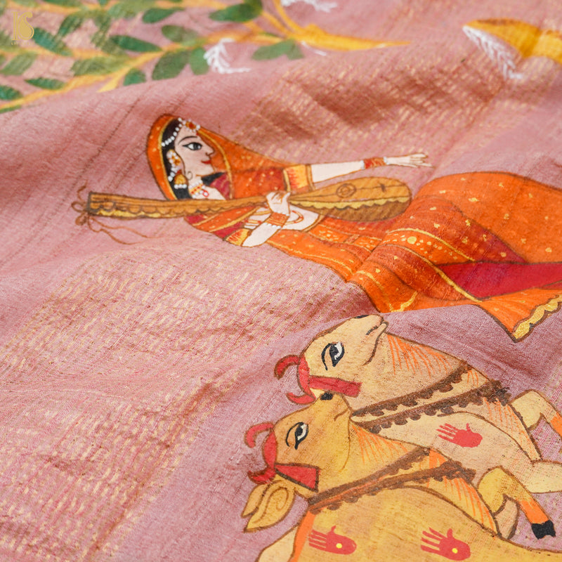 Petite Orchid Ghicha Tussar Banarasi Silk Hand Painted Saree - Khinkhwab